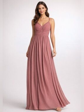 Azazie Desert Rose Chiffon Bridesmaid Dress Maxi Pleated V-Neck Size 8 NWT